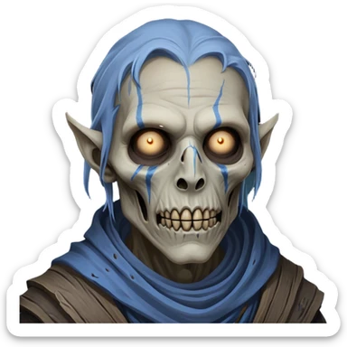 Cinematic Realistic WoW undead civilian Portrait, depicted with decayed yet noble features, his weathered, pallid skin etched with ghostly blue veins and ancient scars. Clad in modest, tattered attire in muted browns and greys that remain consistently rugged, his hollow eyes burn with determined defiance. Rendered with lifelike texture and dramatic natural lighting, high shine, noble and resilient, capturing the stoic spirit of an undead veteran of Azeroth. sticker