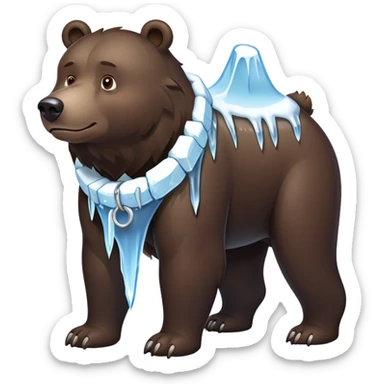 Realistic dark brown bear on four legs with a frozen ice collar that has icicles protruding downward, shaped like a large dog collar but made of crystal clear ice sticker