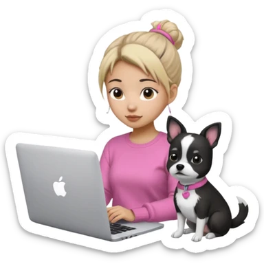 Asian girl with messy bun hair, wearing a white t-shirt, working on an Apple laptop, next to her is a small black and white dog in pink sweater sticker