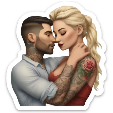 Hyper Realistic beautiful woman in the arms of a very handsome tattooed man kissing  sticker