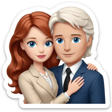 Barbie girl  , eyes blue , Chestnut red long wavy hair In pale beige clothes, Hugs a man with dark white hair short haircut, brown eyes , and a black suit sticker