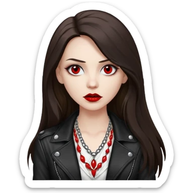 brunette with very long hair in black cuir jacket with red lips and very dark brown eyes and white shirt and mysterious necklace without piercing with evil eyes sticker