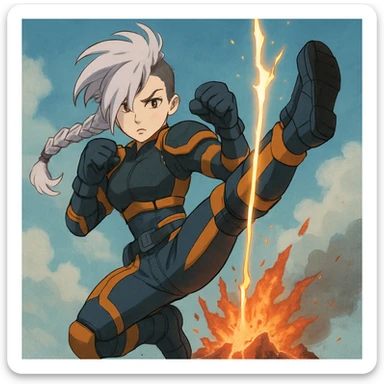 maiden, mohawk, long braid white hair with lavender and tips long messy bangs one side, gold yellow eyes, black crop top, with both fighting gloves up in defensive ready pose, delivering a lightning quick vertical upwards front kick with volcanic force, full defensive padding, TCTF operative, orange and dark dark blue + gray attire. jumping swing falcon kick, perfect posture sticker