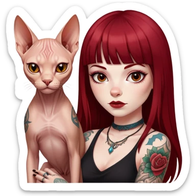 girl with long dark red straight bangs hair and tattoos and a Sphynx sticker