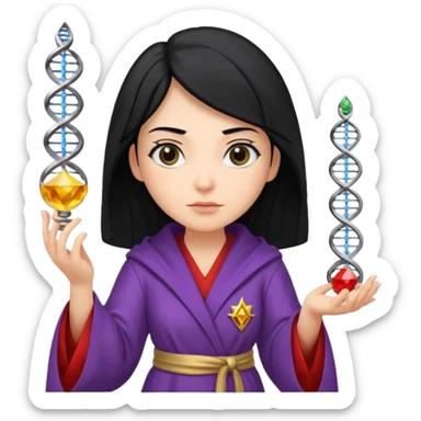 Female wizard with black hair holding a double helix DNA in her hand sticker