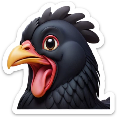 Cinematic Cute Yawning Black Chicken Portrait Emoji, Head tilted slightly with a dramatic, wide-open yawn, showcasing a soft, glossy black plumage with subtle hints of iridescence and a distinctive red comb, floppy wings slightly drooping, round beady eyes barely open in drowsy contentment, Simplified yet irresistibly adorable features, highly detailed, glowing with a soft, cozy glow, high shine, relaxed yet expressive, stylized with a touch of whimsy, bright and endearing, soft glowing outline, capturing the essence of a sleepy yet affectionate chicken, so drowsy it feels like it could stretch out of the screen and curl up for a nap! sticker