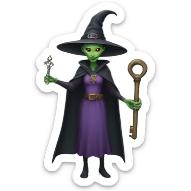 a Reptilian alien woman, as witch, holding a big key, full body sticker