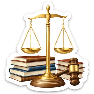 An icon featuring a gavel, scales of justice, and legal books, symbolizing law. The design includes a courthouse building in the background, representing the legal system and justice. Transparent background highlights the authority and structure of the law. sticker