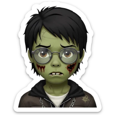 Boy, zombie, black hair, medium long, emo, shaggy, dark, spooky, creepy expression emoji, add dolce gabanna glasses, a risk on the eyebrow, some tattos  sticker