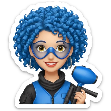 blue curly haired paintball player girl with huge earrings, wearing paintball mask sticker