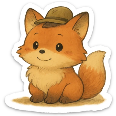 A cute, fluffy fox with a round head in the style of Studio Ghibli, wearing a hat. sticker
