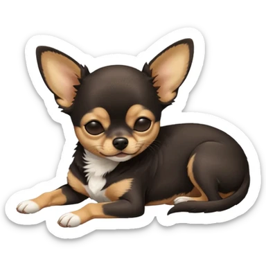 A high-resolution photo-realistic digital illustration of a  black tan chihuahua with eyes closed shut sleeping lazily on the ground sticker