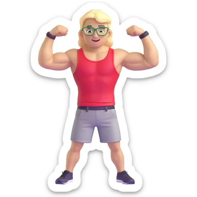 Man with black and white cap, bare muscular torso, red shorts, clear glasses, messy light blond mullet hairstyle, flexing and smiling sticker