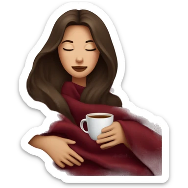 Brunette girl inside a maroon blanket sipping coffee eyes closed sticker