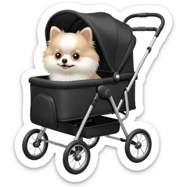 A white Pomeranian dog sits in a black baby stroller. A wheelchair with a folded roof. The image quality is ultra realistic. sticker