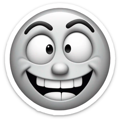 A crudely drawn black-and-white face with an exaggerated grin, large, uneven eyes, a small curved nose, and a wide mouth filled with blocky, misaligned teeth. The head is lopsided and appears to be melting or distorted, with wavy lines for wrinkles. sticker