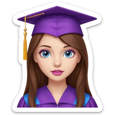 stunning girl with gorgeous long brown hair, blue eyes, long lashes makeup, sexy pink lips, wearing a purple graduation cap and gown sticker