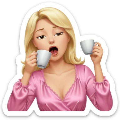 A blonde woman in a pink nightgown yawns, looking sleepy with dark circles under her eyes, drinking coffee, looking like she just woke up. sticker