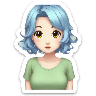 Anime girl brown eyes-pastel blue hair-green mini dress sticker