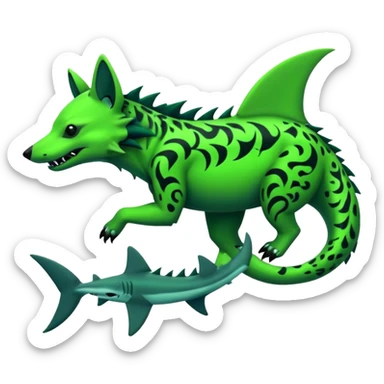 Edgy cool badass Neon-green landhai-sergal-hyena, with a shark tail, with black and dark-green swirly patterns markings sticker