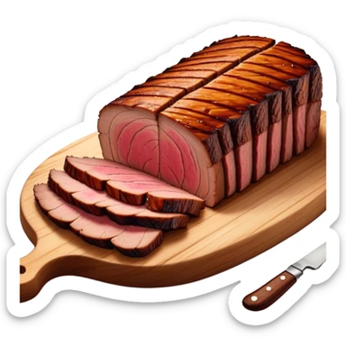 Cinematic smoked brisket, deep mahogany crust, perfectly sliced to reveal juicy marbled meat, warm smoky aroma, served on a wooden board, rich and flavorful, ultra-detailed and appetizing. sticker