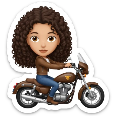 18 year old girl, dark brown curly hair, white but tanned, dark brown eyes, riding a motorcycle or car sticker