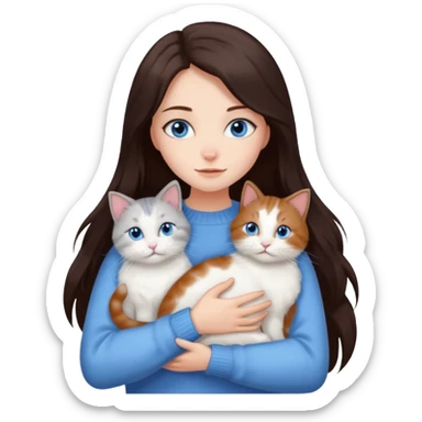 a girl with long dark 
brown hair, with blue eyes, in a
white sweater, hugs 3 different natural coloured cats sticker