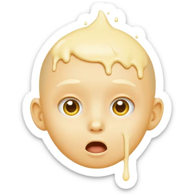 surprised face, classic emoji, 😮, yellow circular, genderless, hairless, white cream dripping from cheeks, white cream in mouth sticker