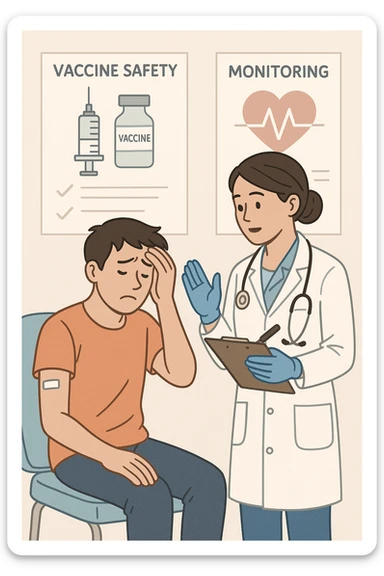 Vertical, educational medical illustration: a healthcare professional observes a patient who appears unwell after receiving a vaccine. The patient sits in a clinic chair, showing mild symptoms such as fatigue or headache, while the professional takes notes and offers reassurance. The background includes educational posters about vaccine safety and monitoring. sticker