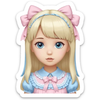 girl , who has straight hair blonde and baby bule swirled hair with bangs , grey eyes , and doll like makeup , in a light pink lolita hime gyaru dress  sticker