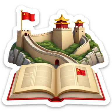 An icon featuring the Great Wall of China and the flag of China, symbolizing the Chinese language. The design includes an open book with Chinese characters and a red lantern, representing language learning and rich cultural tradition. Transparent background highlights the depth of Chinese heritage. sticker