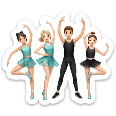"Icon for Contemporary Dance: a synchronized boys and girls group performance on stage with backup dancers, bright stage lighting, and stylish dance outfits. The icon should capture the energy, precision, and excitement of a modern group dance performance. Transparent background. sticker