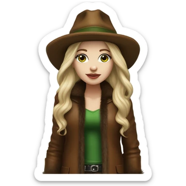 Realistic White girl with Long straight blonde hair, green eyes, tattoos, full body wearing Brown fur coat and fur hat and Brown leather boots sticker