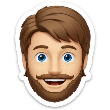 25 year old man, short scruffy beard and sparse moustache, brown puffy mullet, blue eyes, big smile, white teeth, big lips, pronounced jaw, hair longer in back, sticking up on top sticker