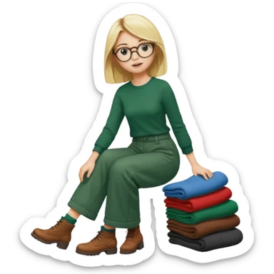 Fille blonde, pantalon ample vert foncé. Lunettes ronde fine. Bottines marrons. Elle pousse une cargaison de chaussettes  sticker