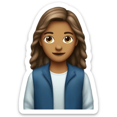 Una chicacon el pelo castaño clarito, ojos marrone muy oscuros, sin pecas, nariz recta, con bastante pecho y la ropa de color azul sticker