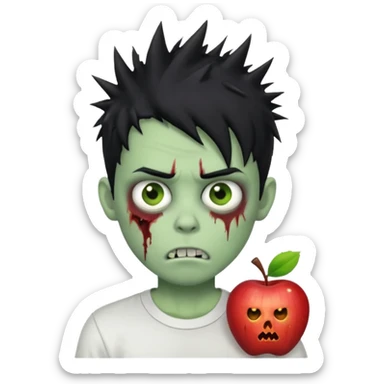 zombie boy with messy spiky black hair, white shirt, pale green skin, apple emoji style sticker