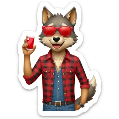 friendly anthropomorphised wolf in jeans and plaid shirt, wearing dark sunglasses, howling, upright pose sticker