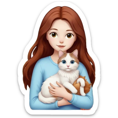 A woman with long dark auburn hair holding a white ragdoll cat in a field of flowers sticker