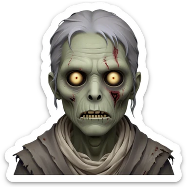 Cinematic Noble Zombie Portrait Emoji, Surprisingly dignified and somber, with a decaying yet strangely regal visage in ashen grays and muted tones, draped in tattered attire hinting at a lost grandeur, simplified yet meticulously detailed, glowing with a soft, eerie radiance and a gentle outline that evokes the tragic nobility of the undead! sticker