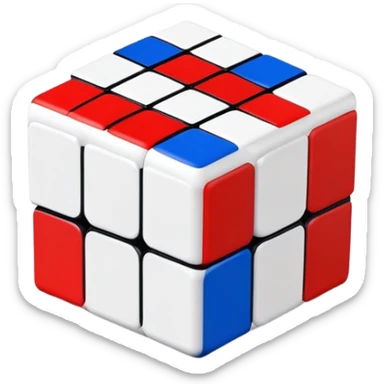 A minimalist 3x3 Rubik's Cube with only blue, red, and white colors, clean iOS emoji style, simple design sticker