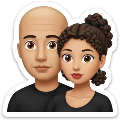 A picture of a tanned couple. the man is a Mexican man with tanned skin, a bald hair cut, short shaved beard and wearing a black shirt. the woman is mixed, with curly medium length hair in a pony tail, with big boobs and lips  sticker
