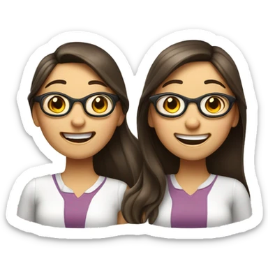An emoji of a brunette girl with long hair joyfully interacting with another girl wearing glasses, both displaying happy expressions and excited body language sticker
