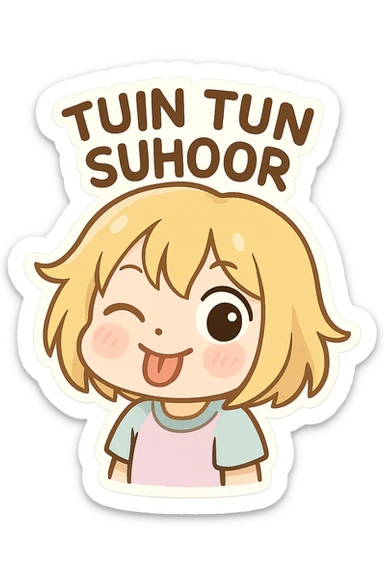 emoji of Tun Tun Suhoor in chibi style, playful silly expression, round face, blonde messy bob, big eyes, small mouth, pastel clothes, blush, meme character, no text sticker