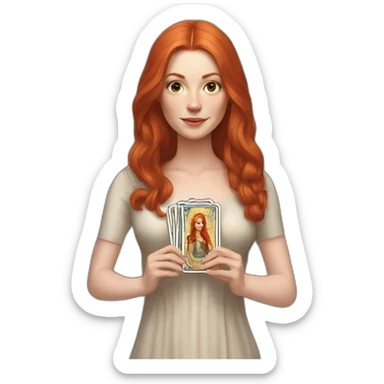 redhead white woman medium long straight hair, holding a tarot card in her hand sticker