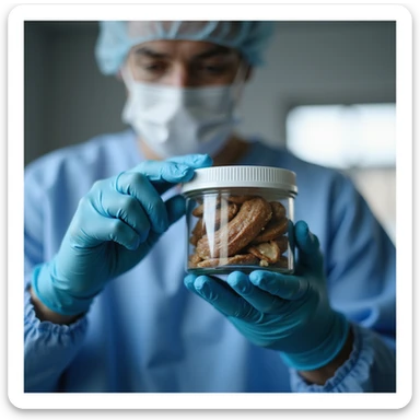 operator wearing gloves and mask sealing jar of dried pig thyroid supplement, pharmaceutical environment, hyperrealistic 4K details sticker