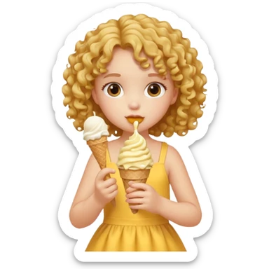 a little girl kid with curly hair, yellow dress, eat ice cream sticker