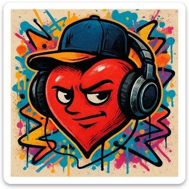 heart with headphones and baseball cap, rap style sticker