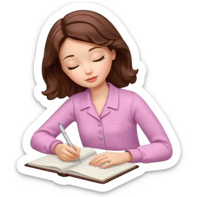 White Barbie girl dark Chestnut bob wavy hair sleeping with In pale creamy color clothes, he writes in a notebook sticker