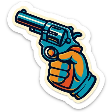 male hand holding a revolver, retro stickers style, clear black outlines, expressive shadows and highlights, no gradients, only sharp color transitions, hand wearing a glove sticker